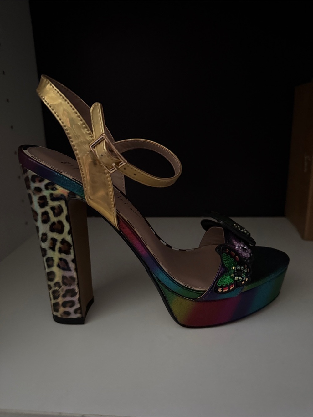 Betsey Johnson Multicolor Butterfly Platform Heels with Gold Ankle Straps - Picture 4 of 4